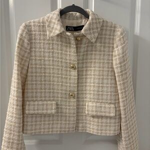 Zara Beige & Cream Tweed Boxy Jacket